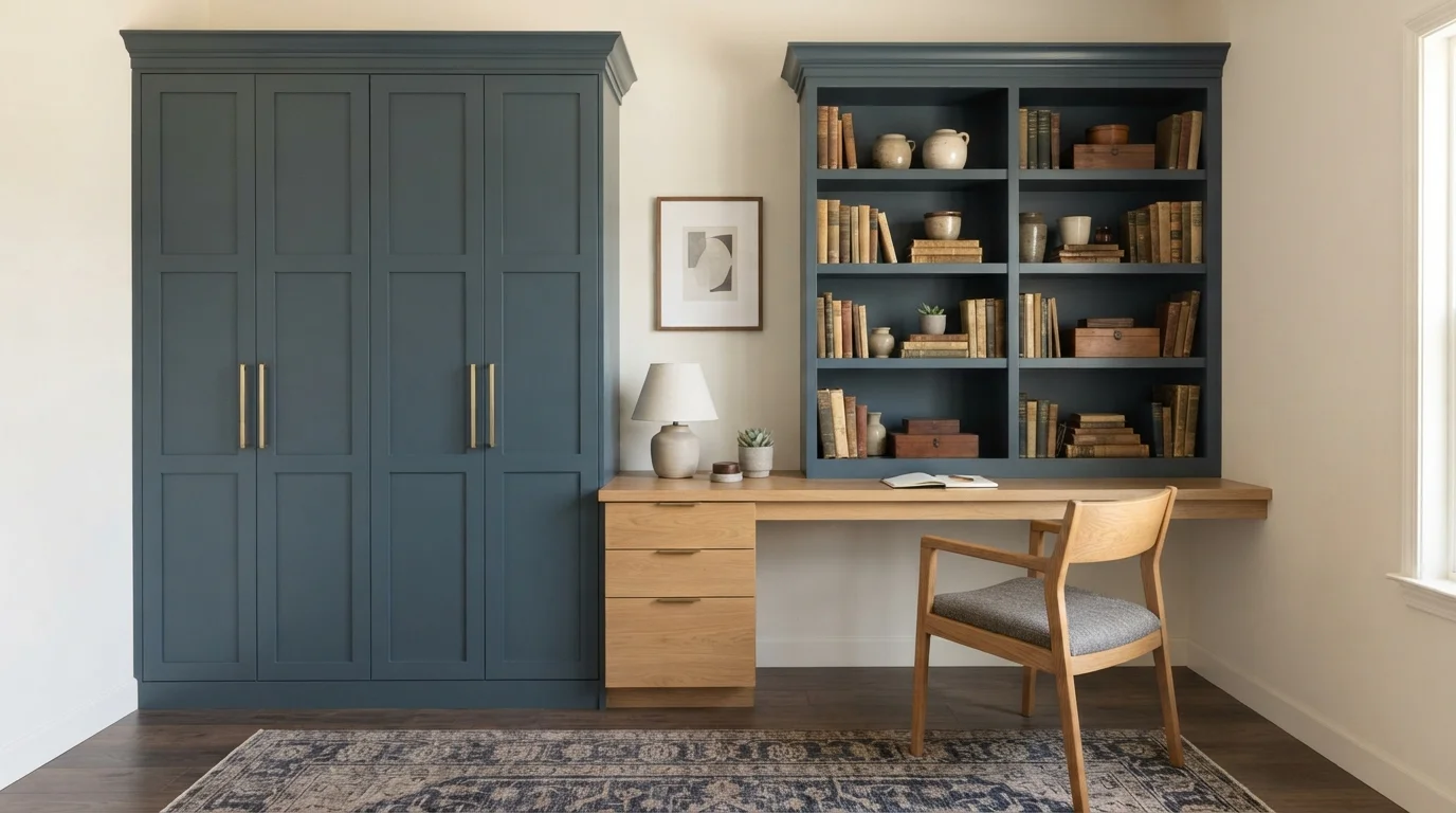 Tailored Slate Library — blue home office painted in Opera Glasses