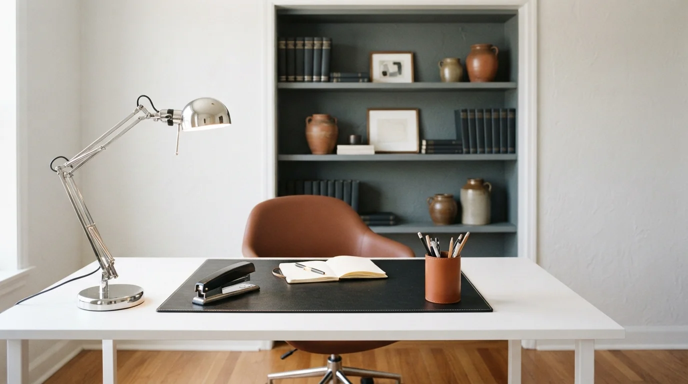 Refined Slate Workspace — gray home office painted in Bank Vault
