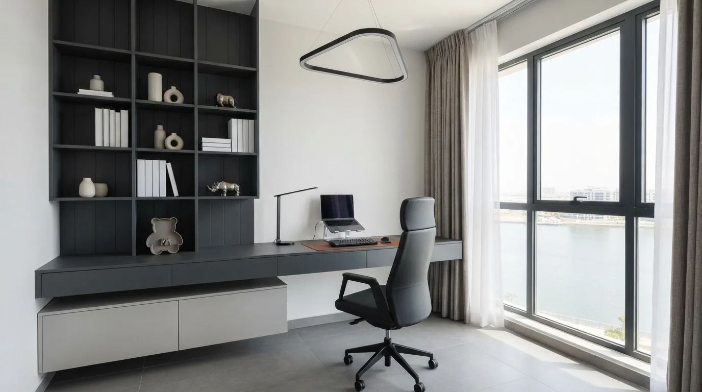 Sleek Charcoal Workspace — gray home office painted in Snowfield White