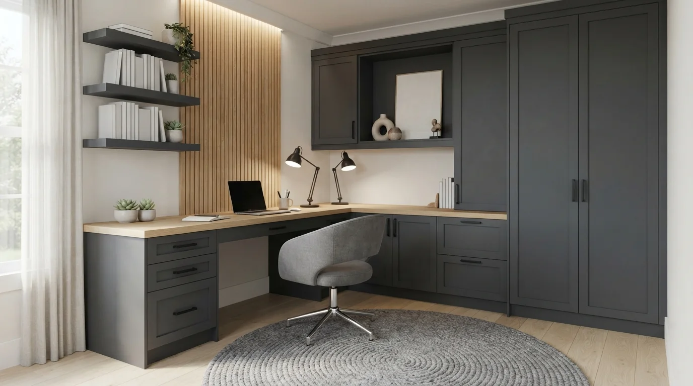 Charcoal Studio Focus — gray home office painted in White Sand