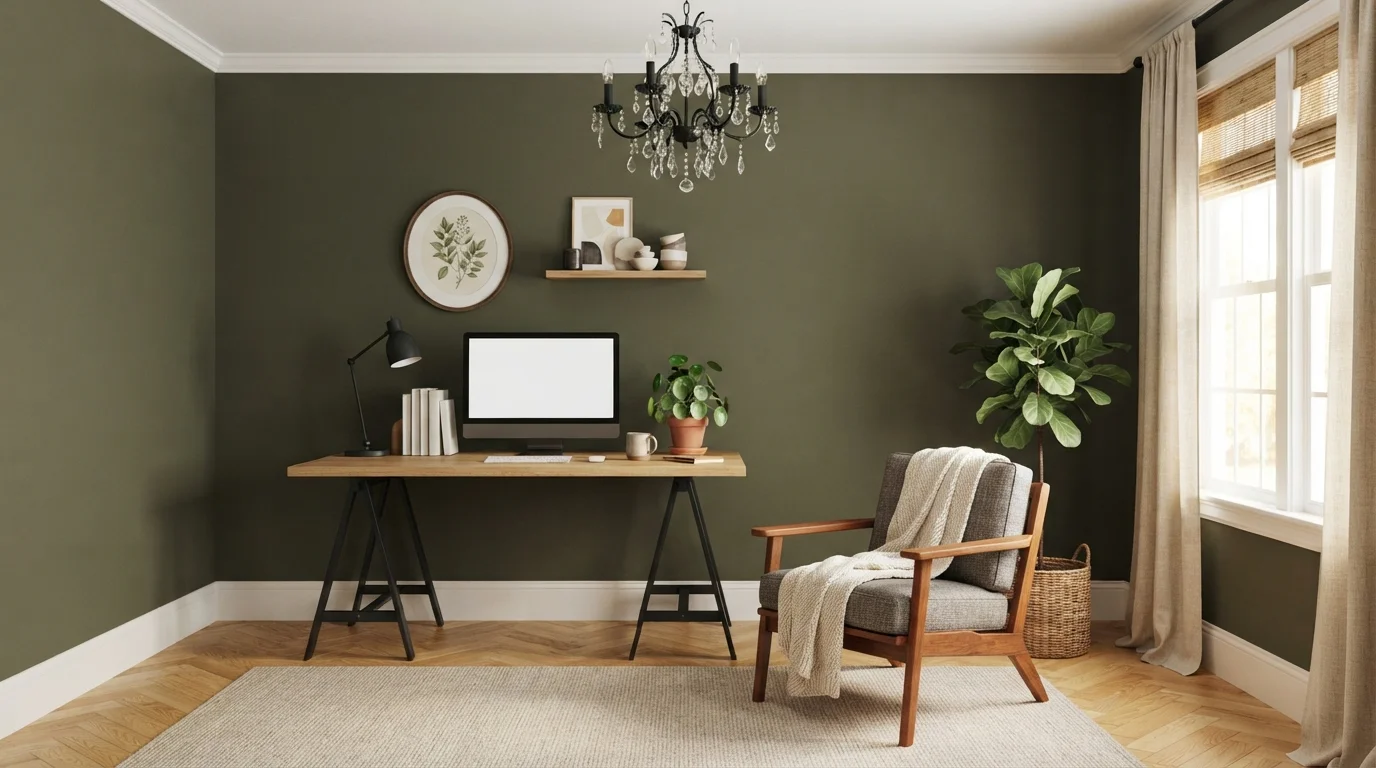 Olive Green Study — green home office painted in Bonsai