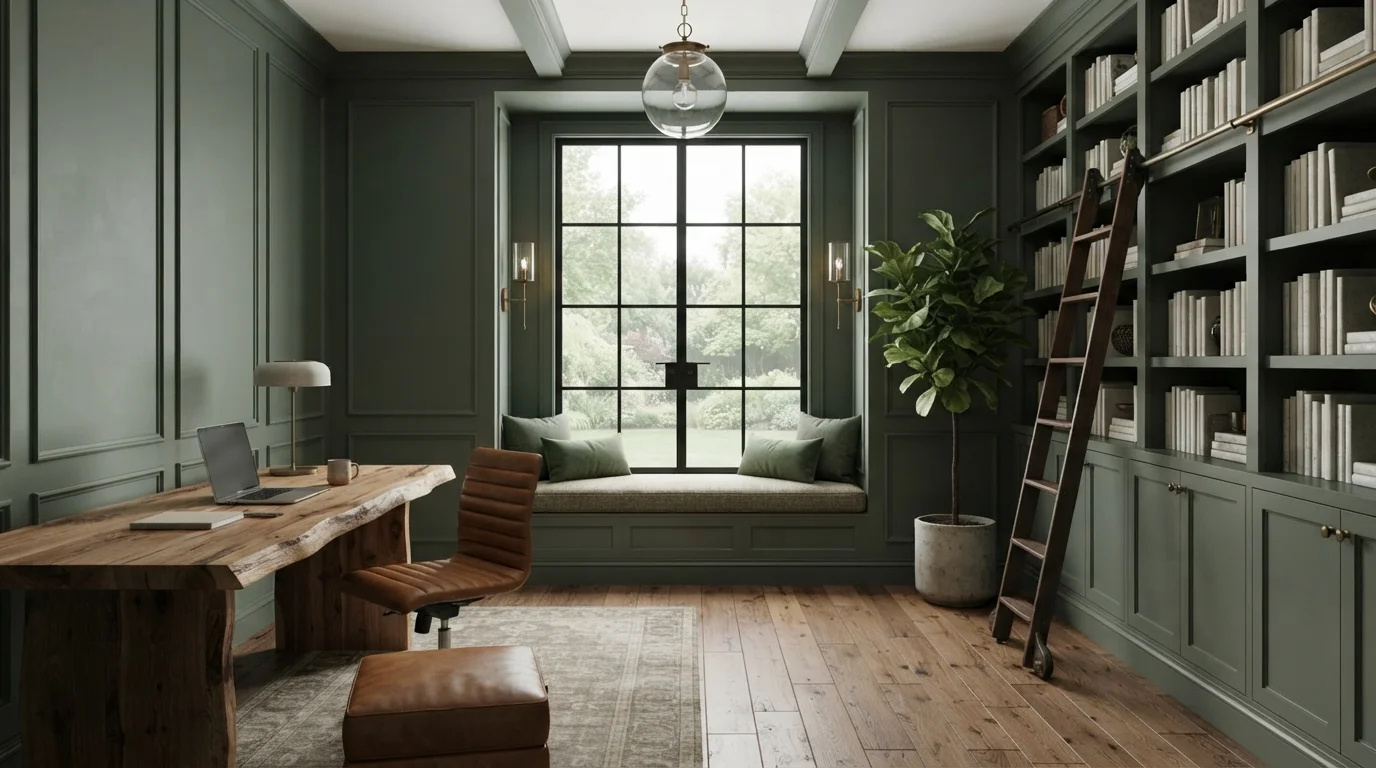 Sage Green Library Study — green home office painted in Holiday Wreath