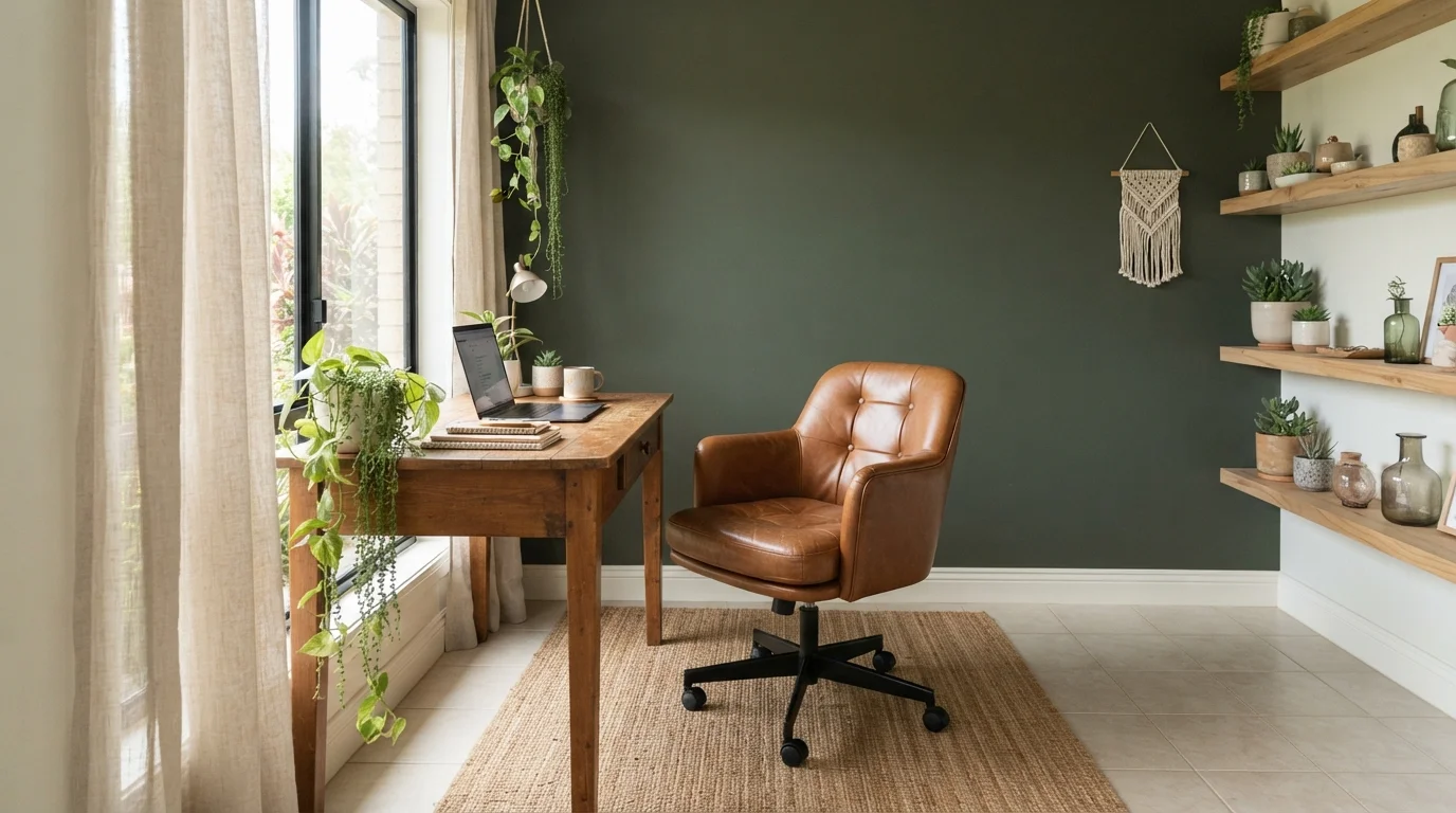 Earthy Olive Study — green home office painted in Chard