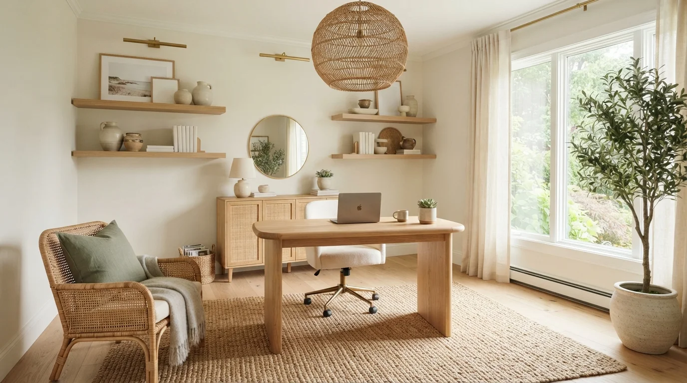 Sunlit Natural Oak Study — neutral home office painted in Edelweiss