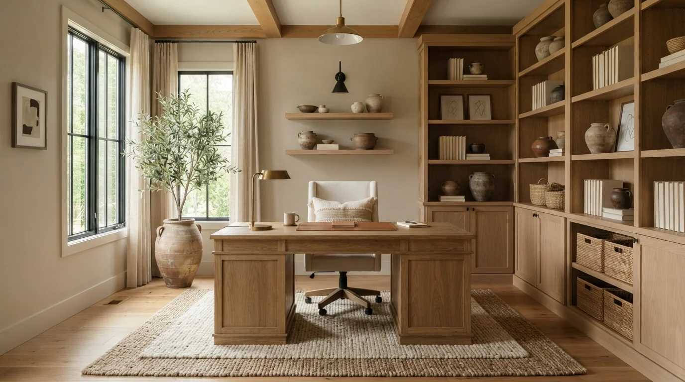 Rustic Oak Study — neutral home office painted in Shiitake