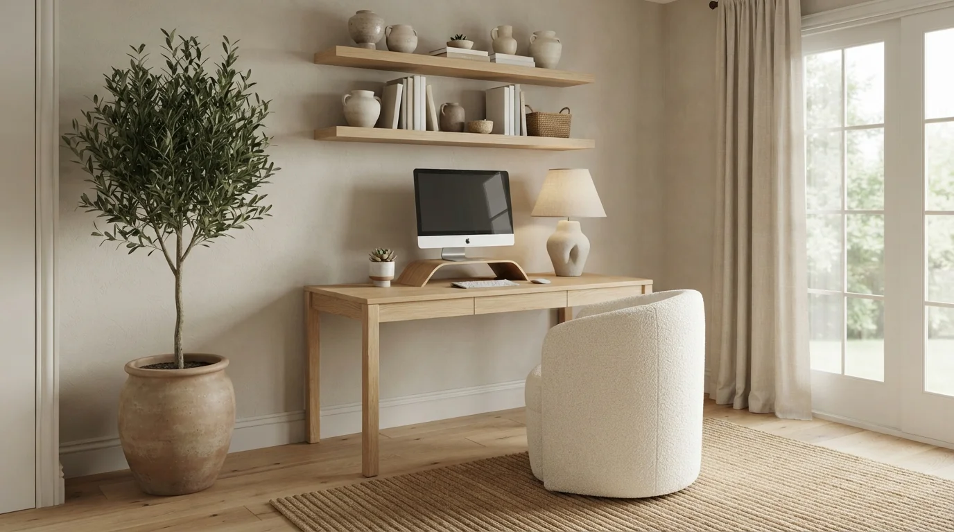 Earthy Linen Study — neutral home office painted in Monaco