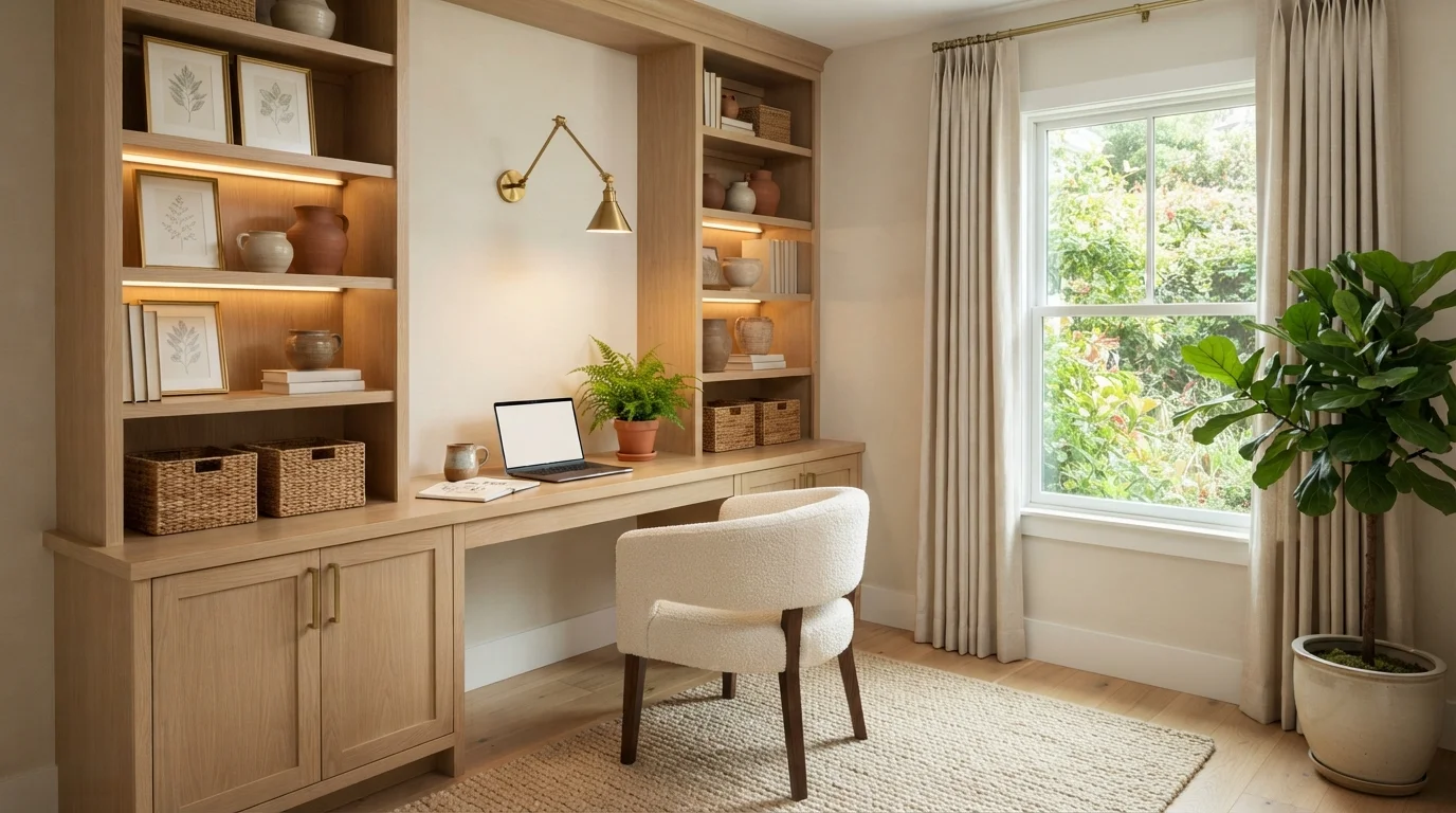 Warm Oak Workspace — neutral home office painted in Natural Wicker