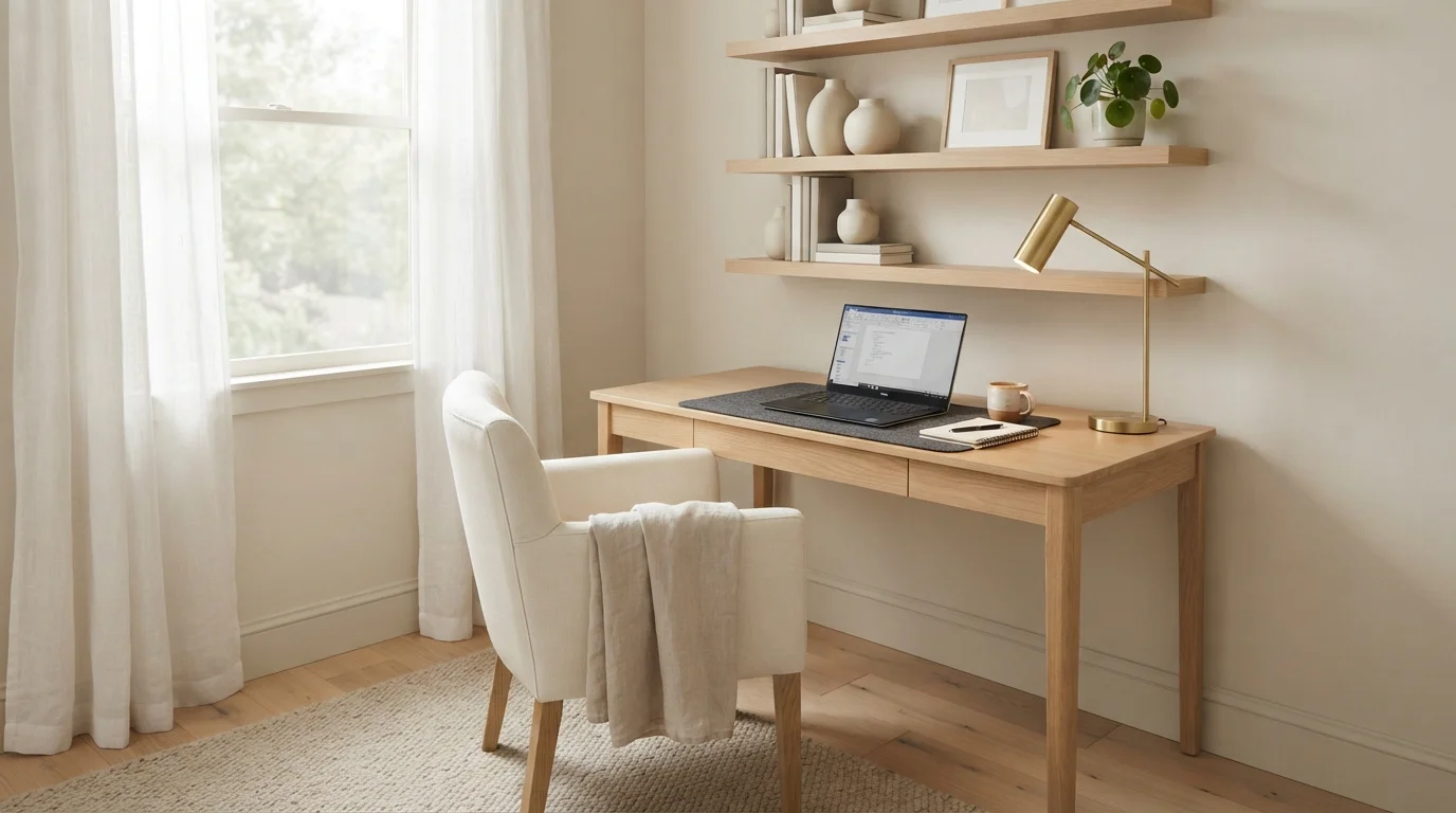 Warm Minimalist Study — neutral home office painted in Etiquette