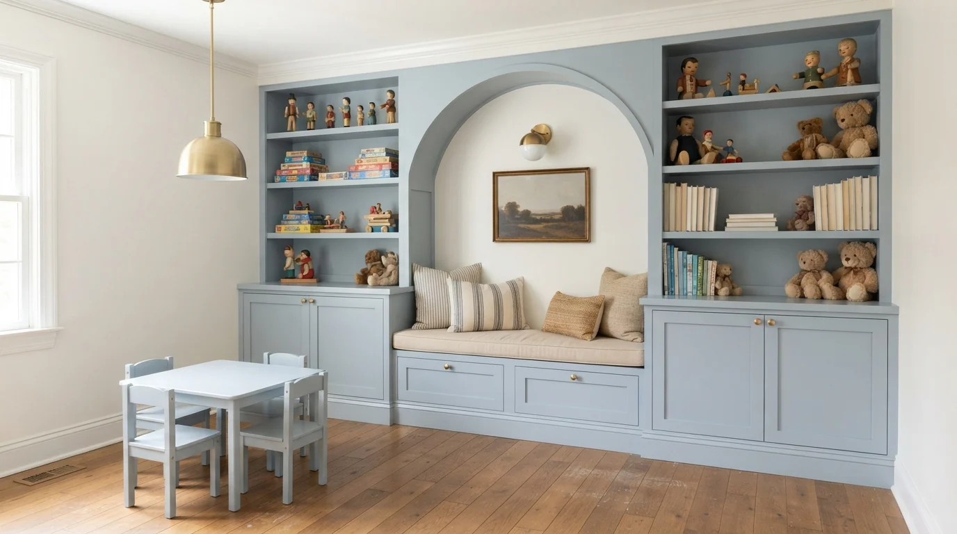 Powder Blue Nook — blue playroom painted in Faded Flaxflower