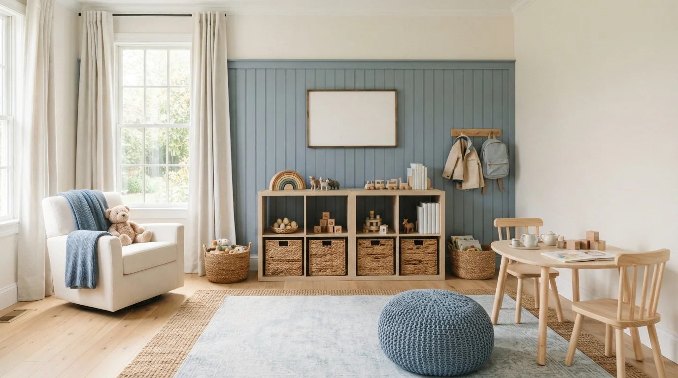Muted Slate Playroom — blue playroom painted in Wave Goodbye