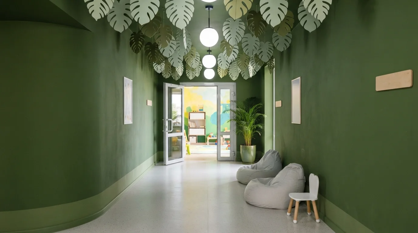Jungle Canopy Corridor — green playroom painted in Inland
