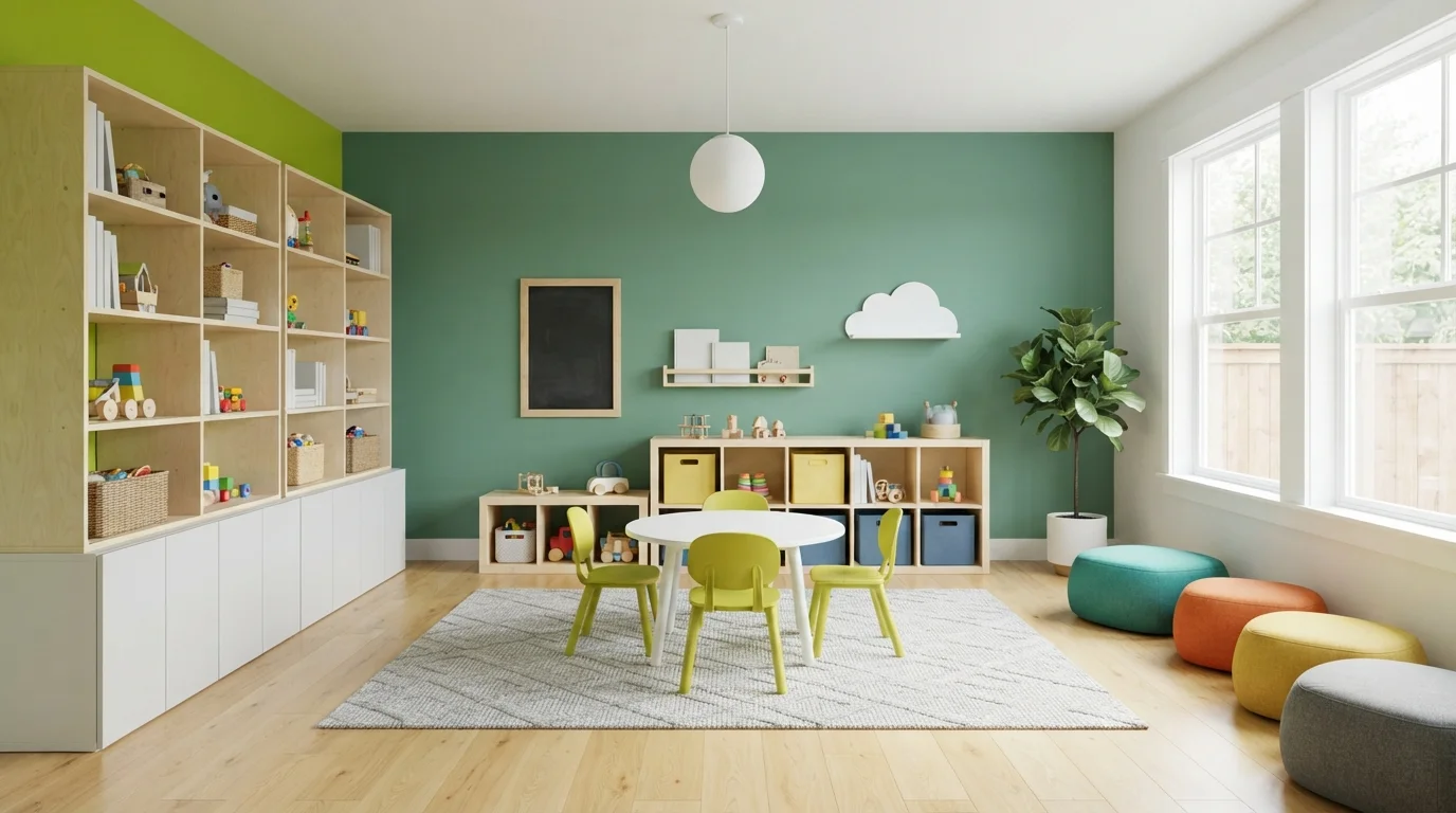 Meadow Green Playroom — green playroom painted in Sycamore Grove
