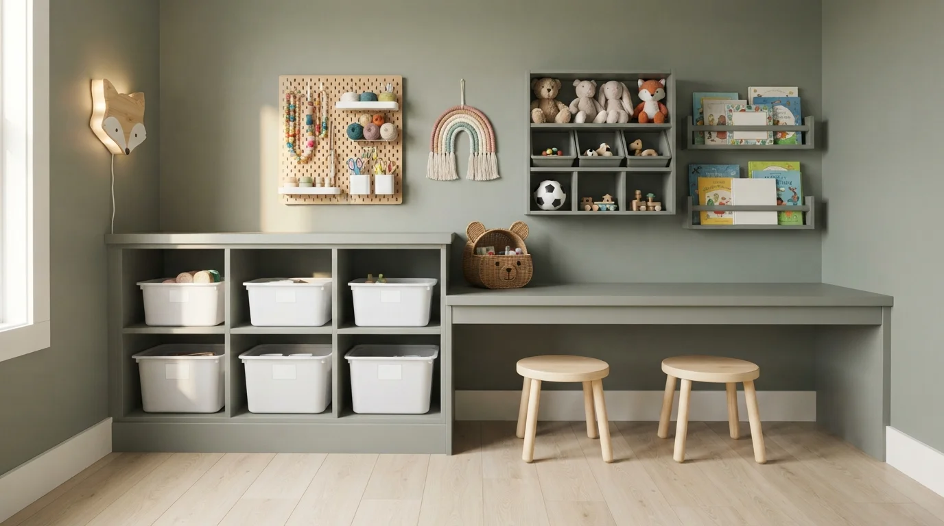 Muted Sage Playroom — green playroom painted in Explorer Green