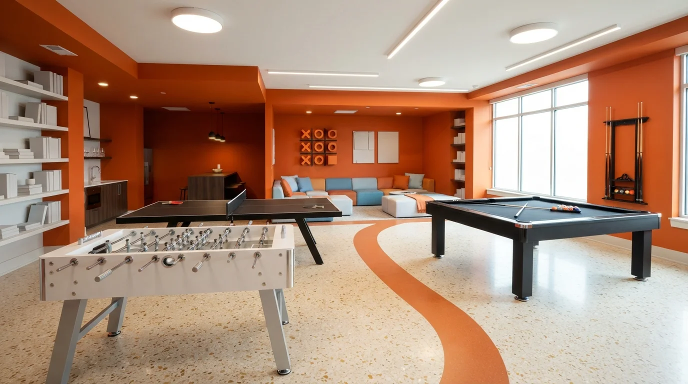 Tangerine Game Lounge — orange playroom painted in Troublemaker
