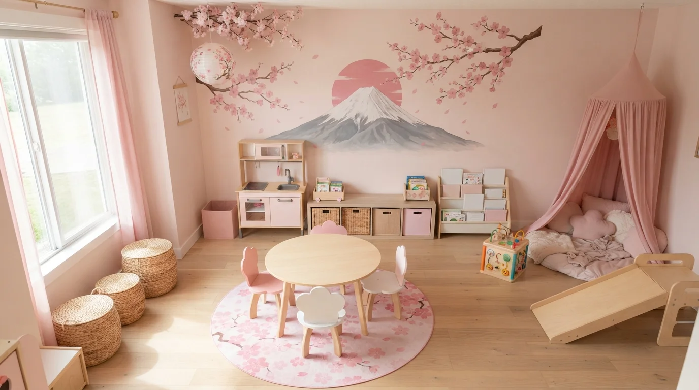 Sakura Blossom Playroom — pink playroom painted in Hawaiian Shell