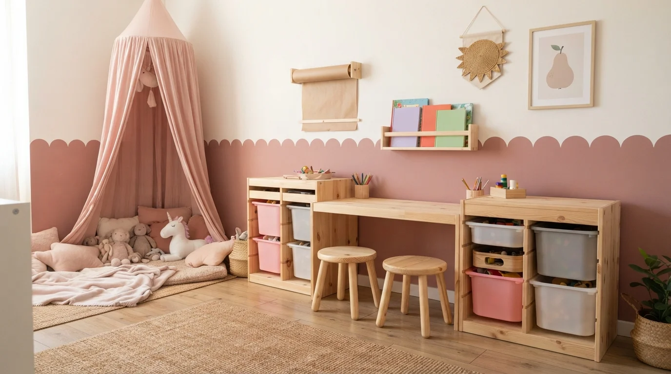 Scalloped Rose Playroom — pink playroom painted in Rita's Rouge