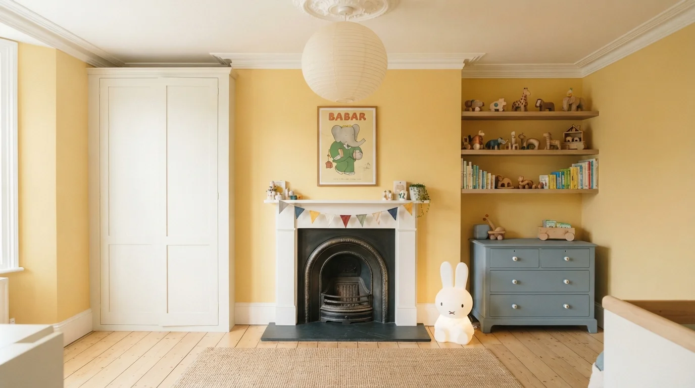 Buttercup Storybook Nursery — yellow playroom painted in Sun Touched