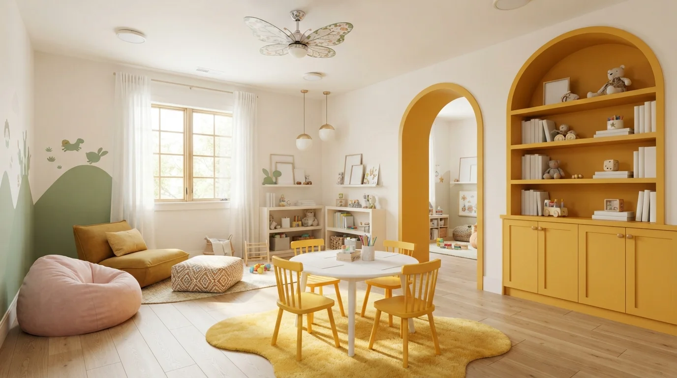 Sunny Marigold Playroom — yellow playroom painted in White Zin