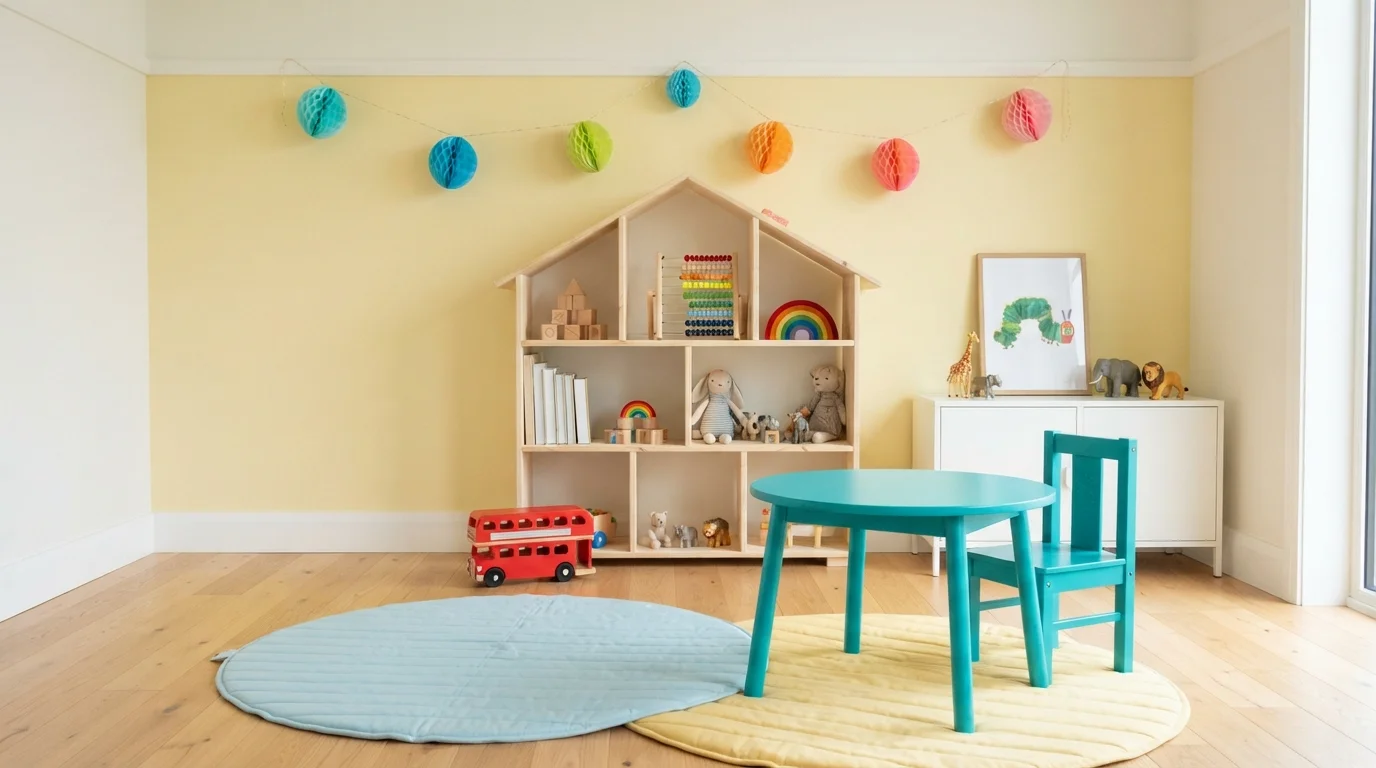 Sunny Buttercream Playroom — yellow playroom painted in Turning Oakleaf