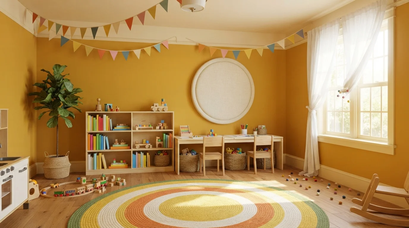 Sunny Marigold Playroom — yellow playroom painted in Copper Cove