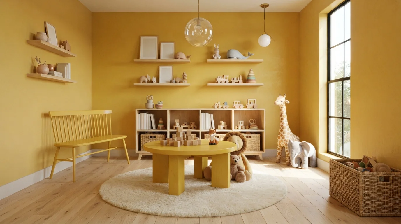 Sunny Buttercup Playroom — yellow playroom painted in Golden Hour