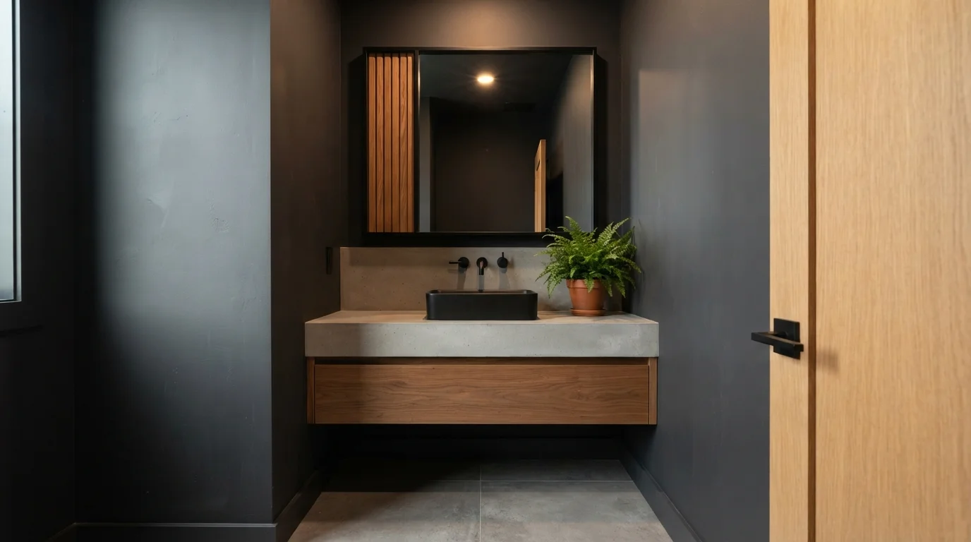 Charcoal Spa Powder Room — black powder room painted in Noir