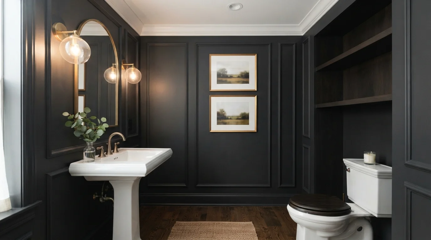 Charcoal Box Powder Room — black powder room painted in Tuxedo