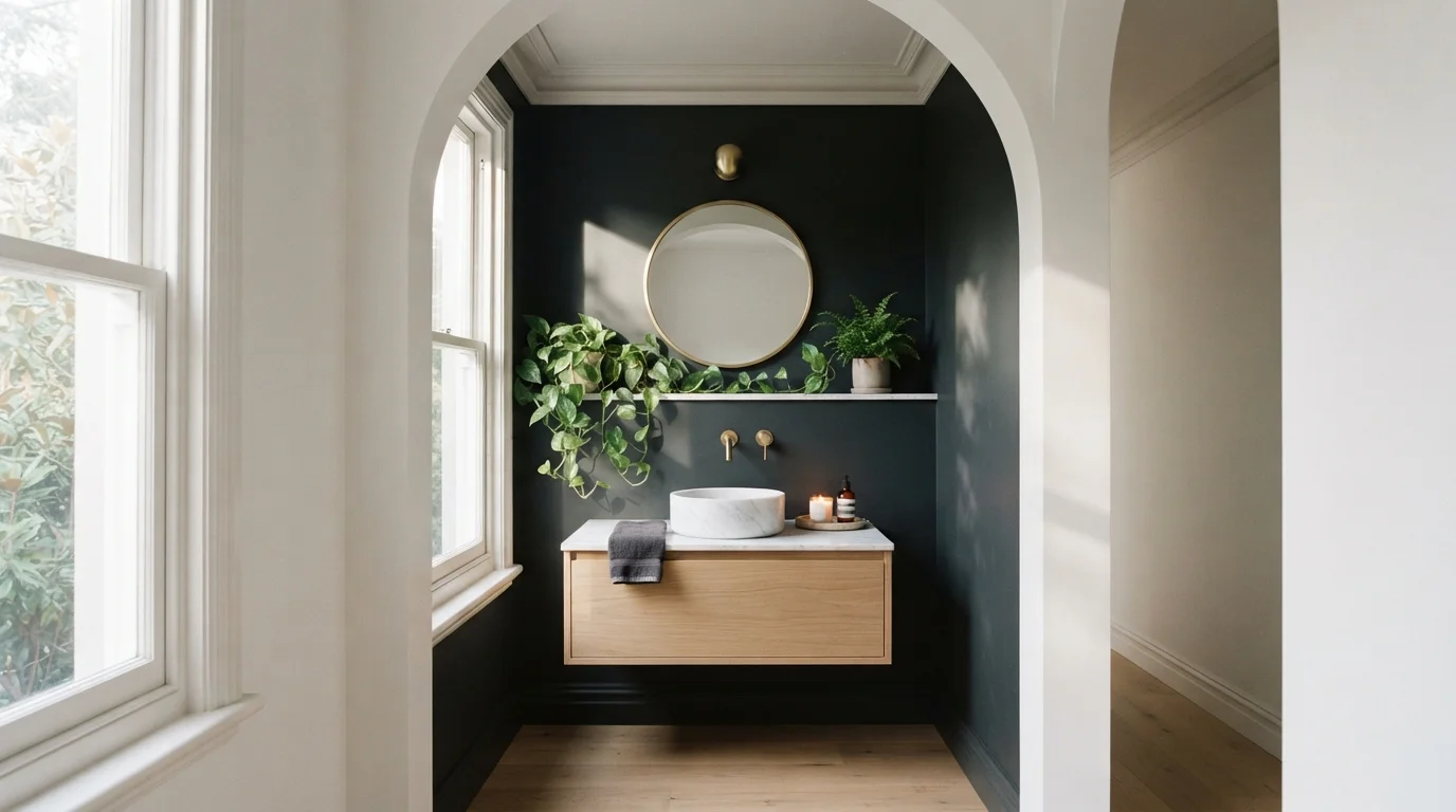 Moody Charcoal Sanctuary — black powder room painted in Dark Kettle Black