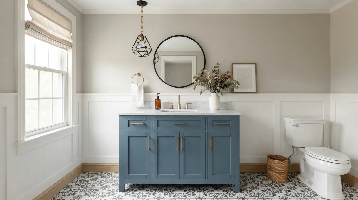 blue powder room color idea — Yes It's Greige · Dunn-Edwards