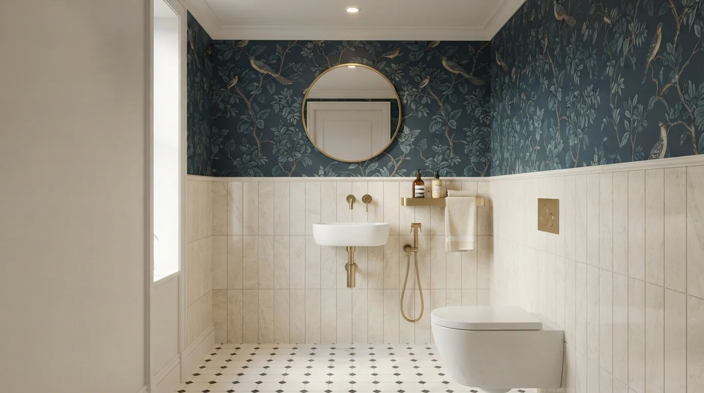 Midnight Botanical Powder — blue powder room painted in Blue Dusk