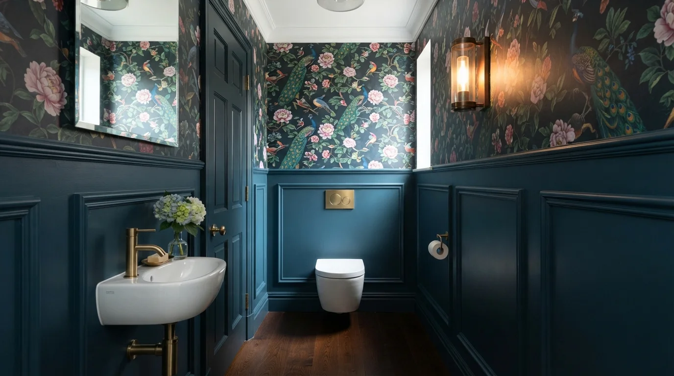 Deep Teal Jewel Box — blue powder room painted in Midnight Sonata