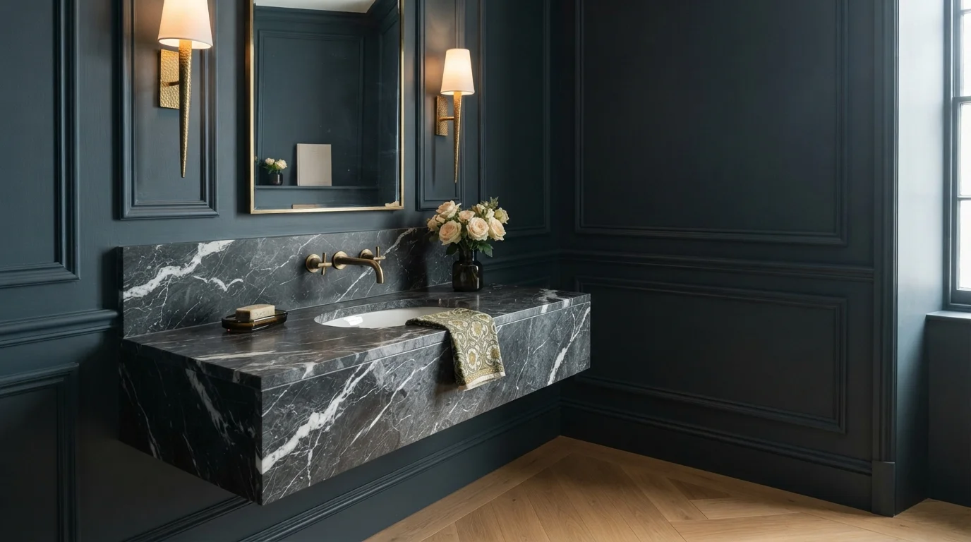 Midnight Slate Powder Room — blue powder room painted in Espionage