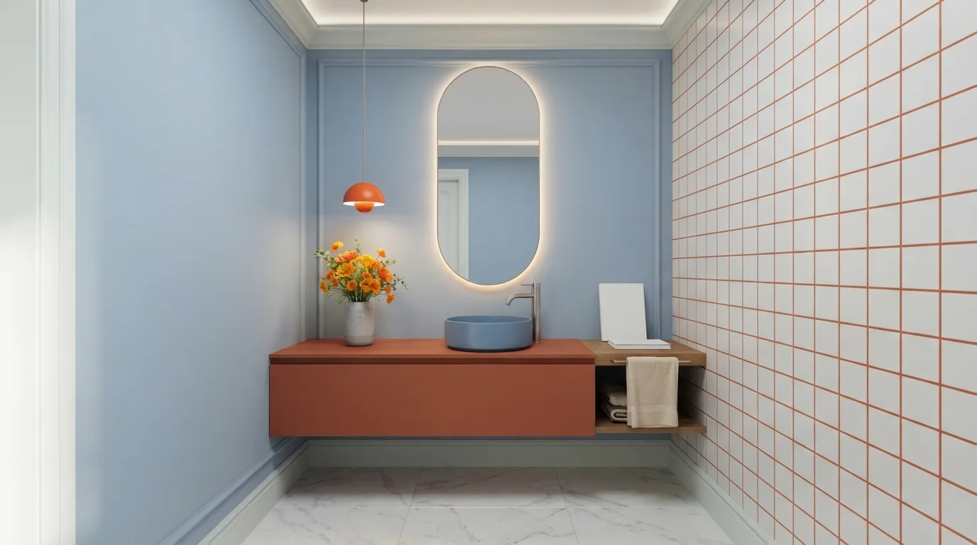 Sky Blue & Terracotta — blue powder room painted in Brussels Blue