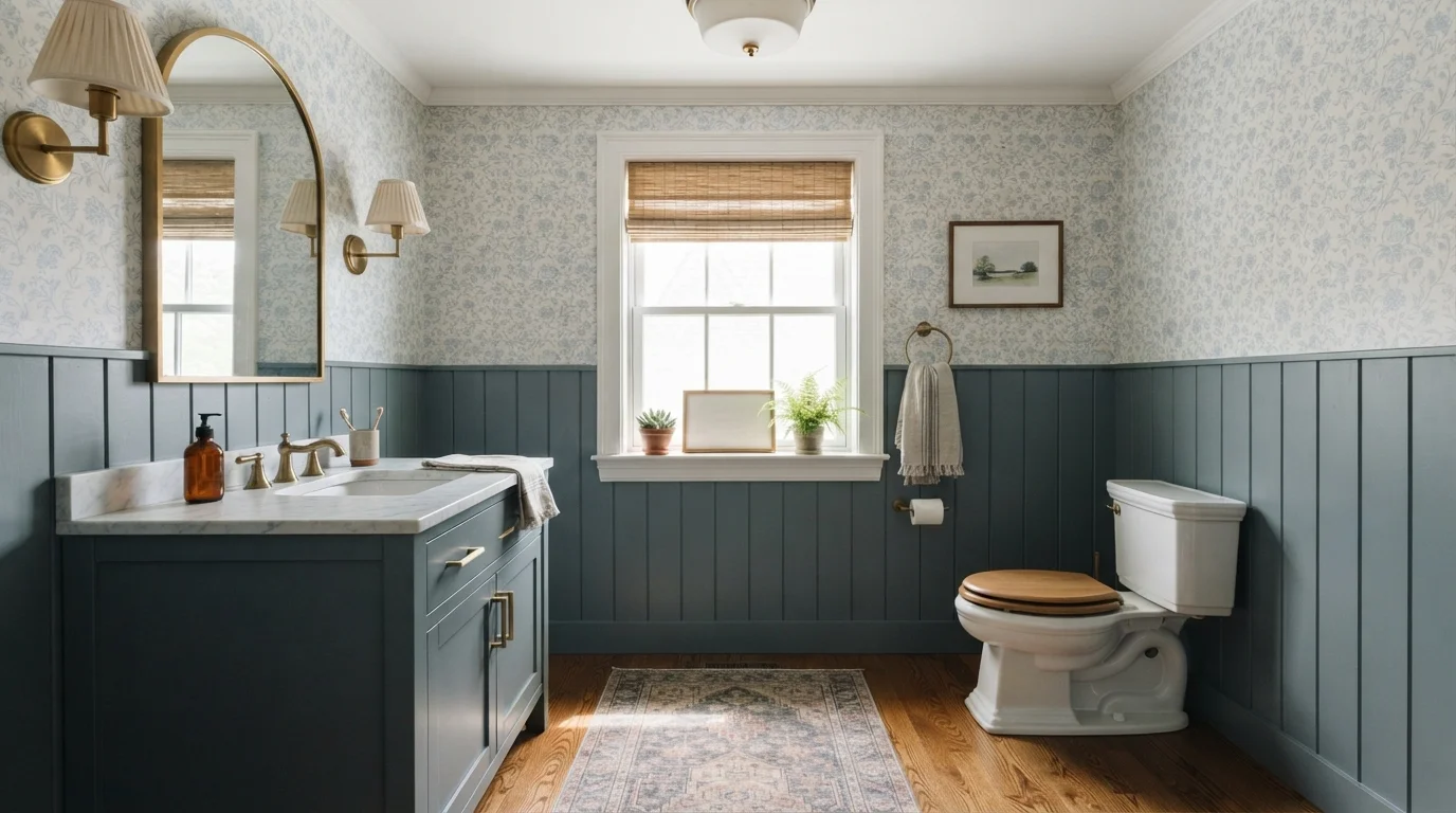 Cottage Slate and Floral — blue powder room painted in In the Deep Blue Sea