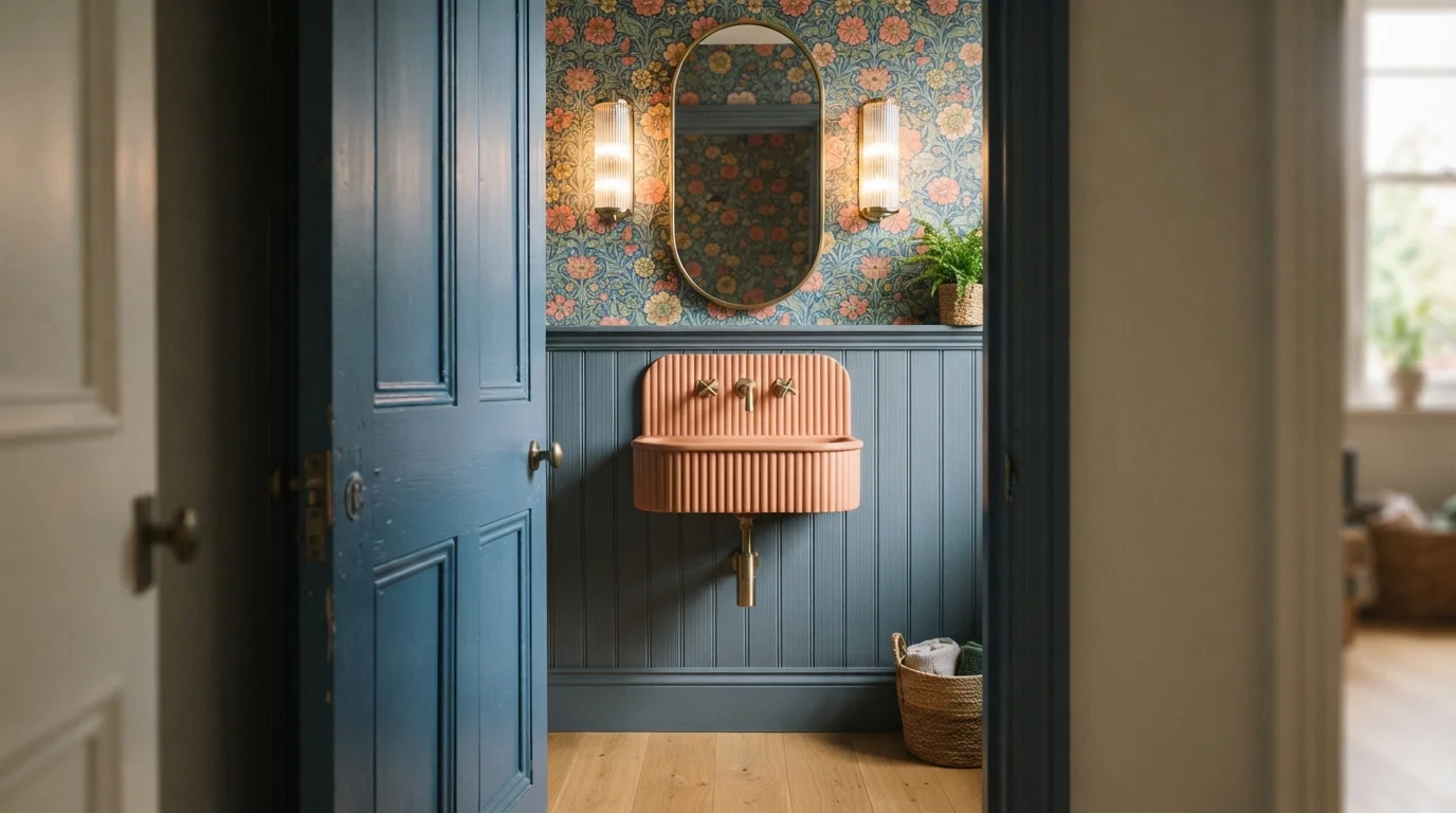 Slate Blue and Terracotta — blue powder room painted in Winter Evening