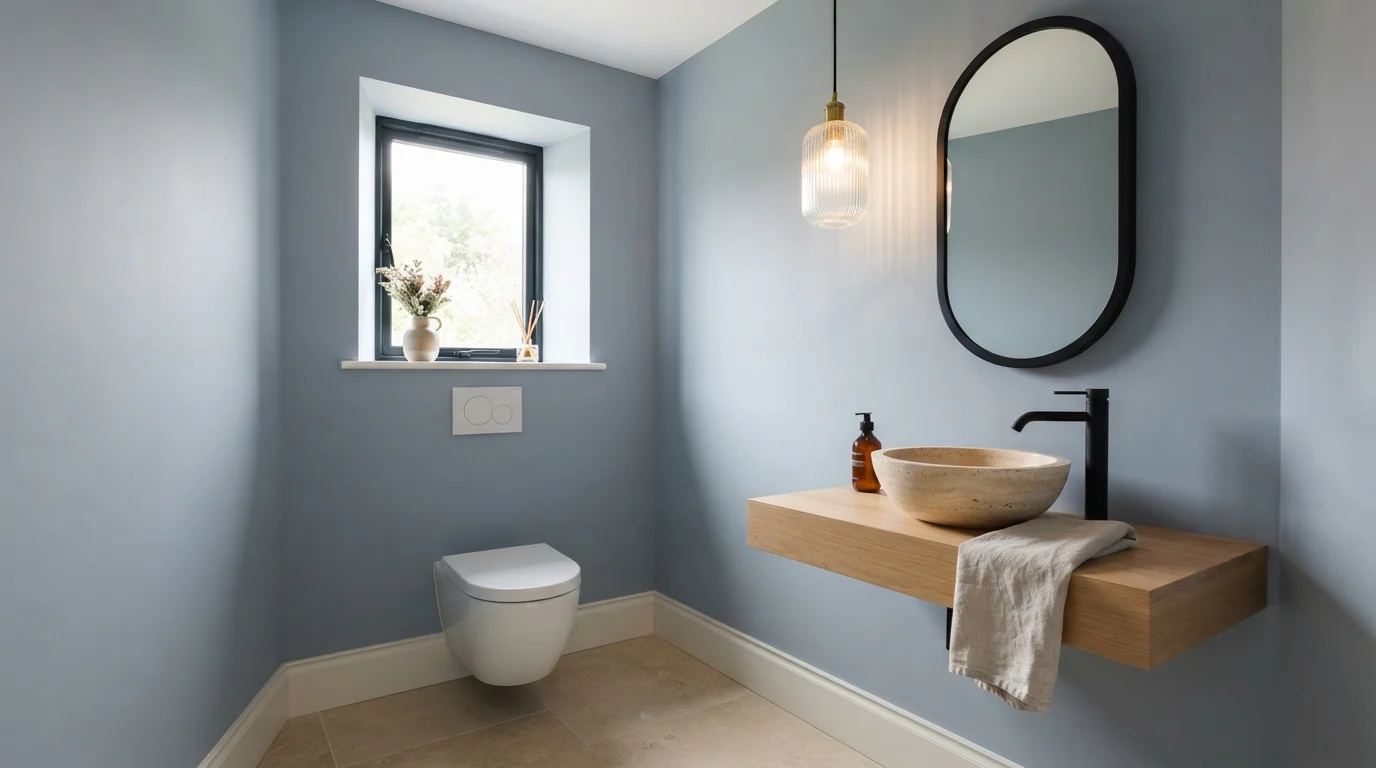 Dusty Blue Powder Room — blue powder room painted in North Sea