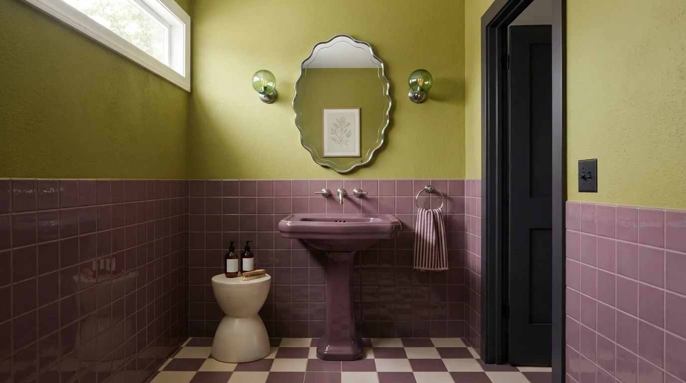 Plum & Chartreuse Drama — green powder room painted in Forest Moss