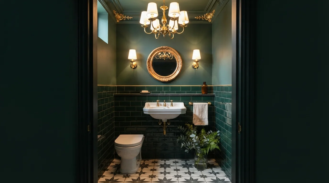 Emerald Jewel Powder — green powder room painted in English Ivy