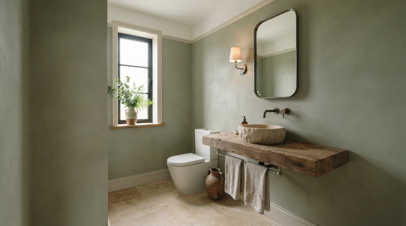 Muted Sage Powder Room — green powder room painted in Bushel