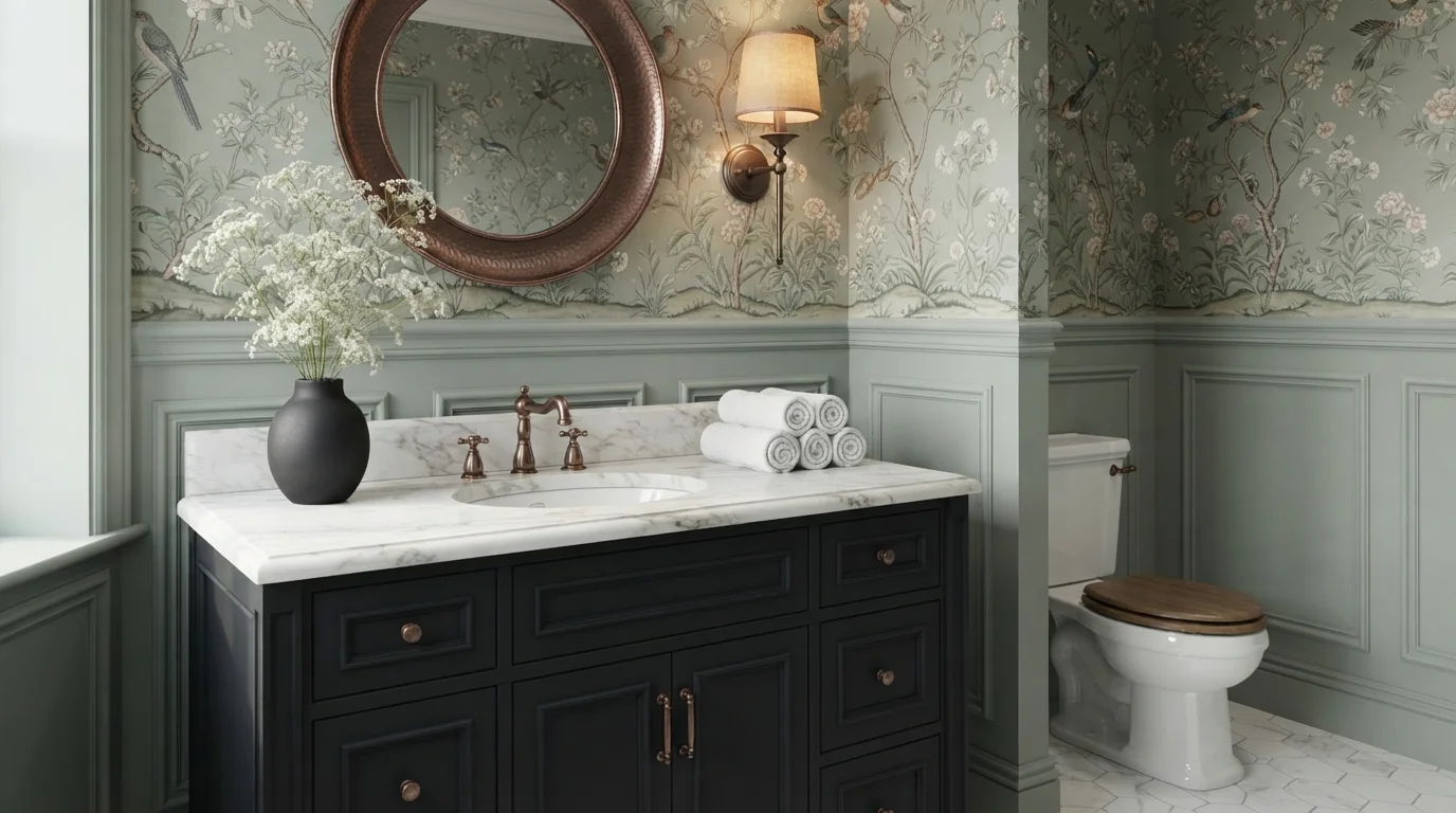 Botanical Sage Powder Room — green powder room painted in Hocus Pocus
