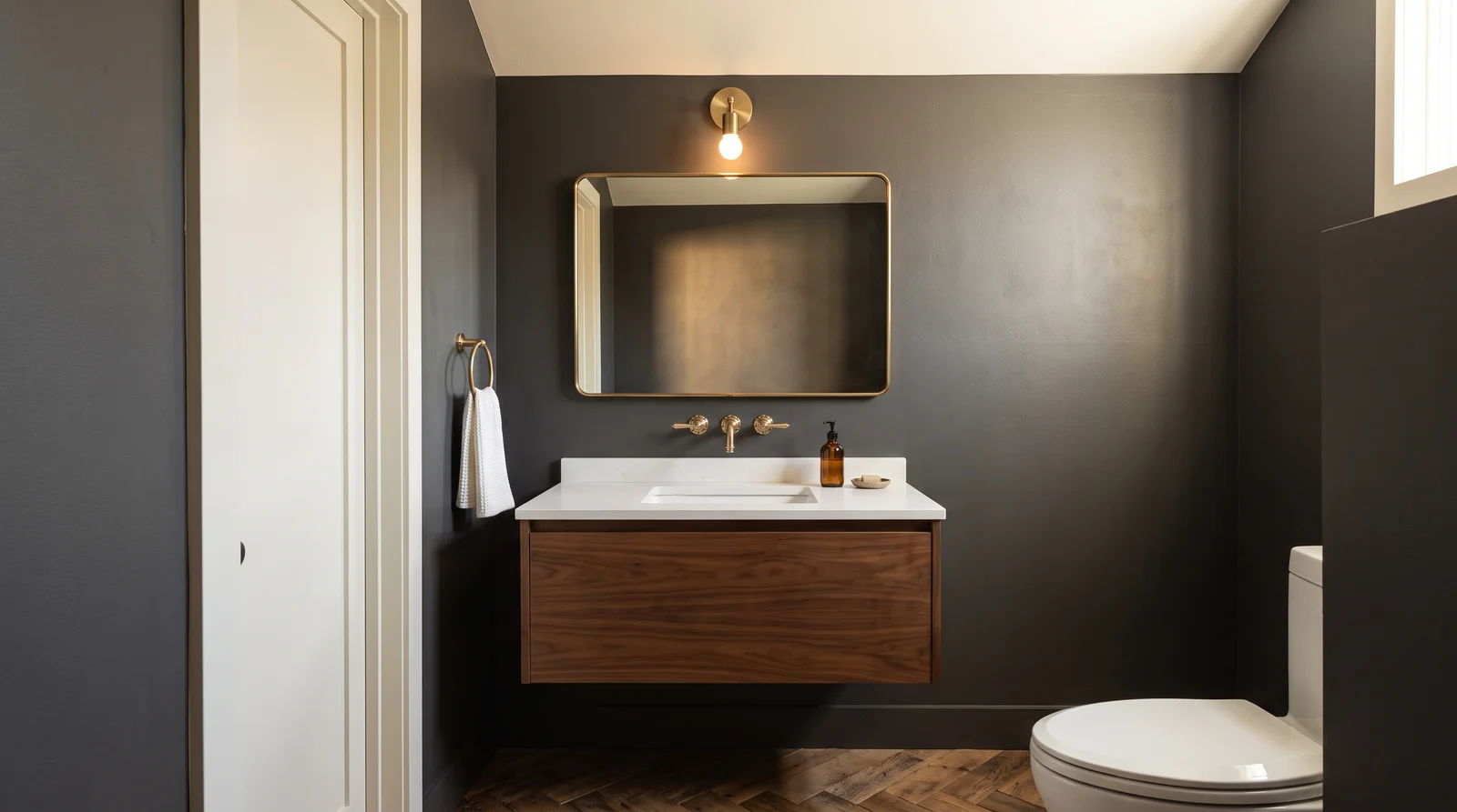 Warm Charcoal Cocoon — powder room painted in Peppercorn