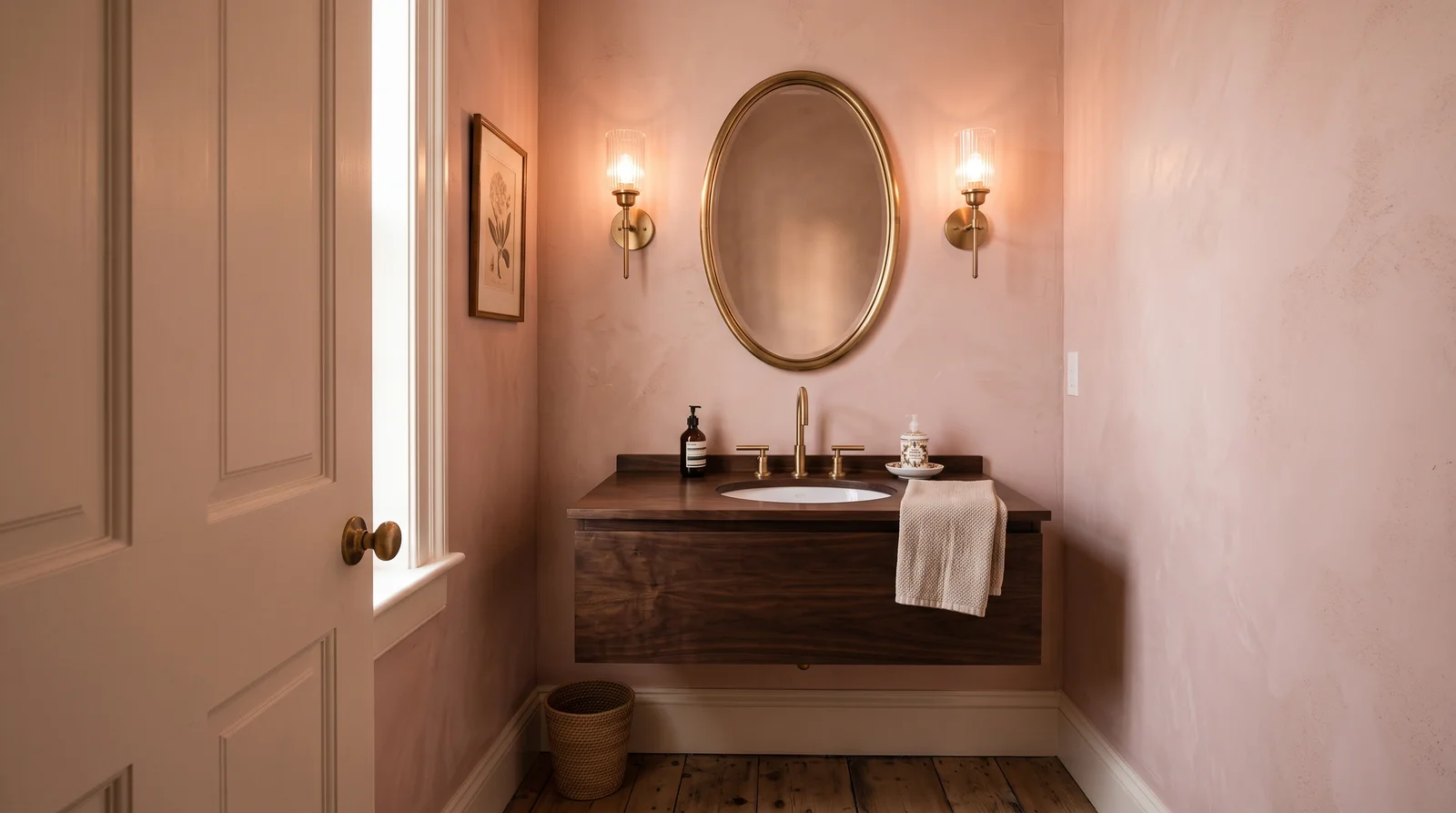 earthy plaster pinks — trending powder room colors 2026