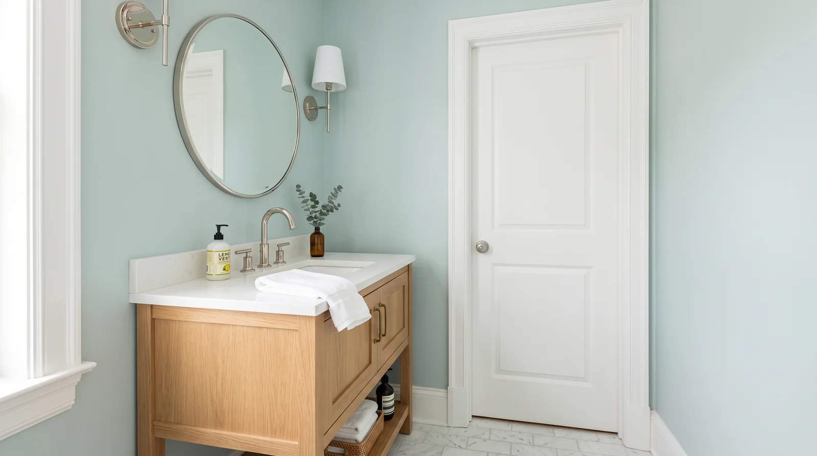 Spa Blue Retreat — powder room painted in Palladian Blue