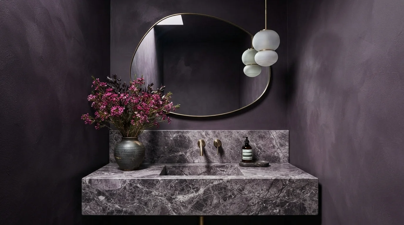 Velvet Plum Retreat — purple powder room painted in Exotic Purple