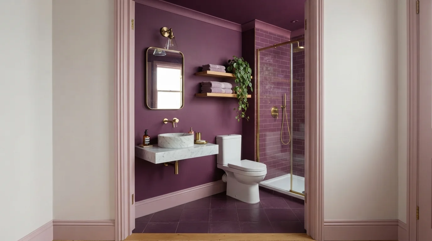 Plum and Blush Haven — purple powder room painted in Haunting Melody