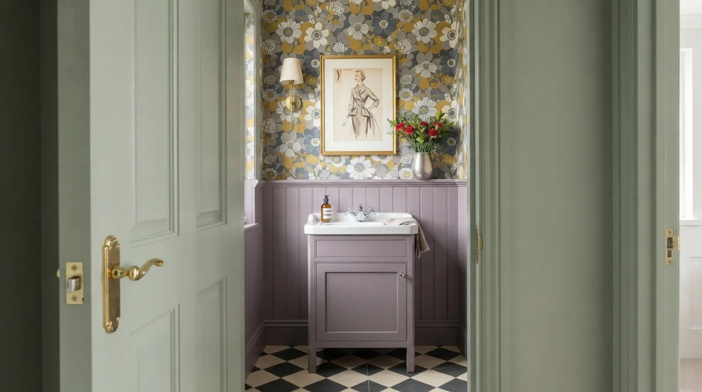 Whimsical Lilac Powder Room — purple powder room painted in Phantom Hue
