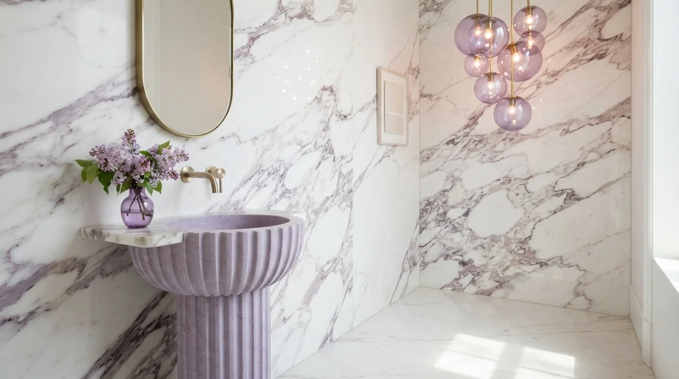 Lilac Marble Glamour — purple powder room painted in Purple Prophet