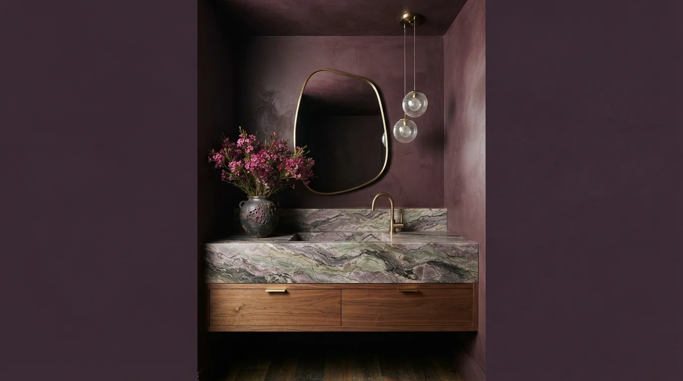 Velvet Plum Powder Room — purple powder room painted in Deep Garnet