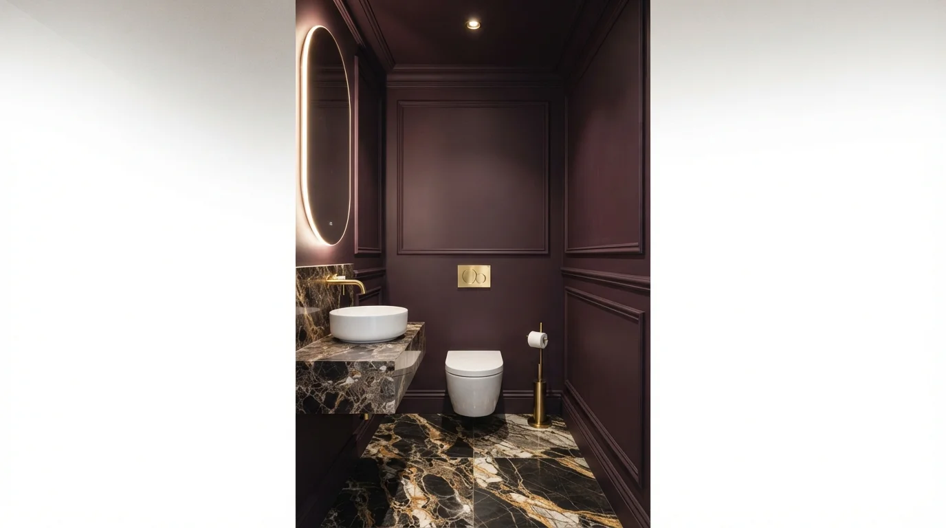 Moody Plum Elegance — purple powder room painted in Rare Wine