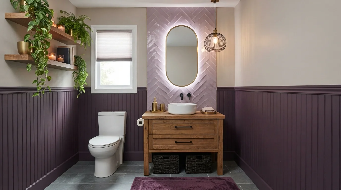 Plum and Lilac Haven — purple powder room painted in Purplicious